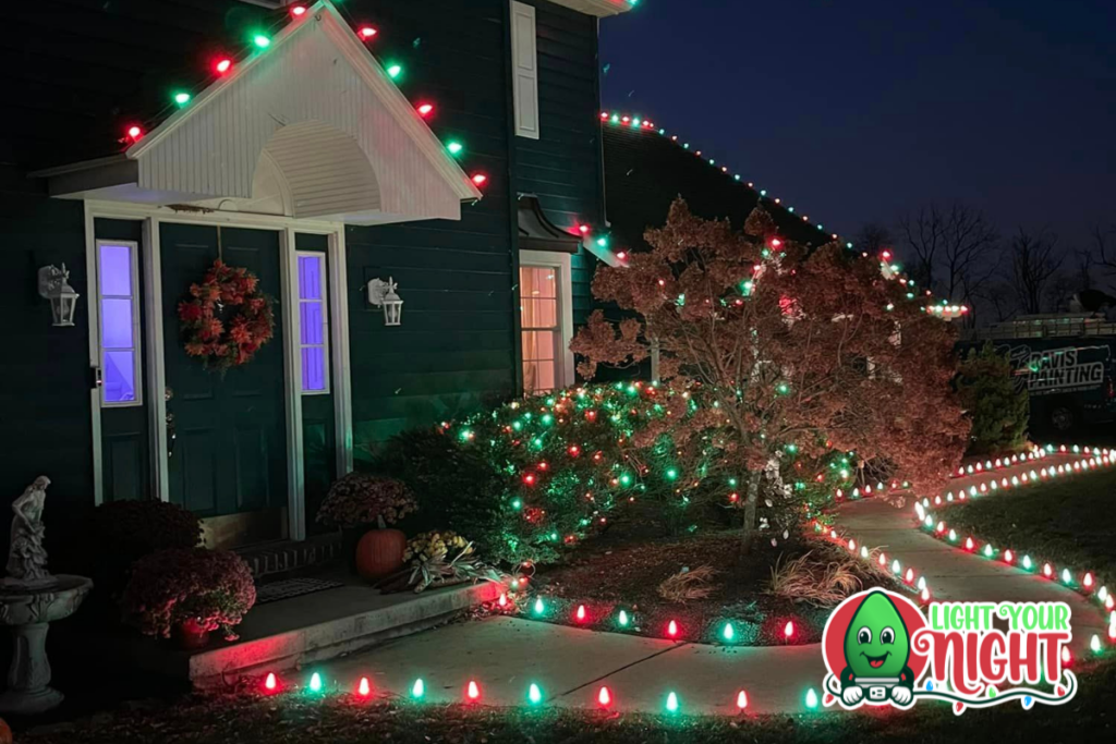 A dark blue house is decorated with red and green Christmas lights along the roofline, doorway, and garden path. A wreath hangs on the front door. The "Light Your Night" logo with a festive light bulb character is in the corner of the image.