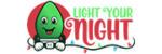 A cartoon character resembling a green light bulb with a happy face, smiling with its hands resting on a white socket. The background features a mix of green and red colors, with the text "Light Em Up Holiday Lighting" on the right side.