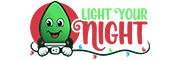 A cartoon character resembling a green light bulb with a happy face, smiling with its hands resting on a white socket. The background features a mix of green and red colors, with the text "Light Em Up Holiday Lighting" on the right side.