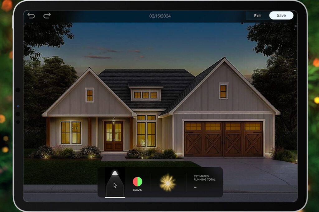 A tablet screen displays an app with a house selected for decoration. The screen shows a digital rendering of the house at dusk. Options for Christmas lighting effects, such as "Grinch" and "Sparkle," are shown in the app interface at the bottom, alongside tools like SUDS Power Washing to give it a pristine look before decorating.