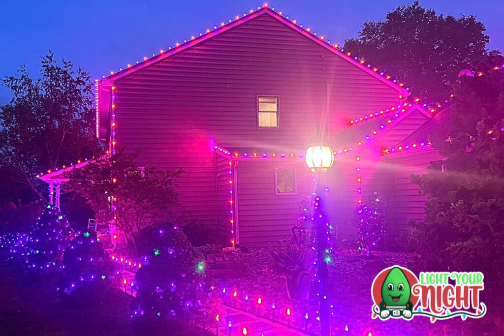 A house is decorated with vibrant pink and purple lights, outlining the roof, windows, and pathways. A lit lamppost stands in the front yard, while bushes are wrapped in matching lights. The "Light Your Night" logo glows brilliantly in the bottom right corner.