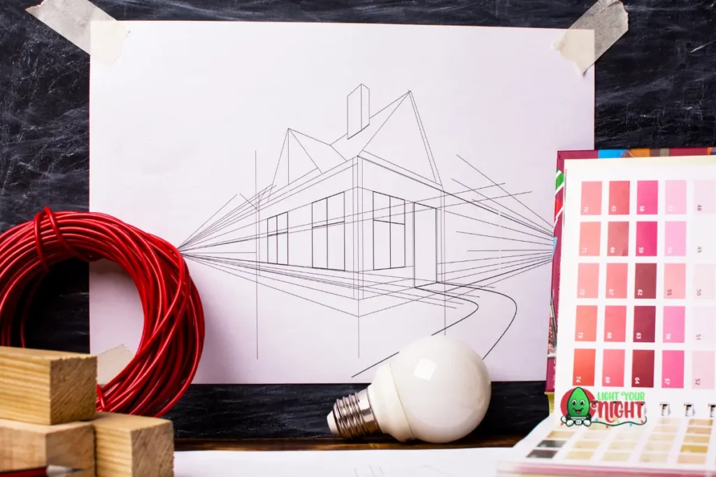 Custom Christmas light design Pennsylvania — house sketch and colour swatches representing the pre-installation planning process in 2026